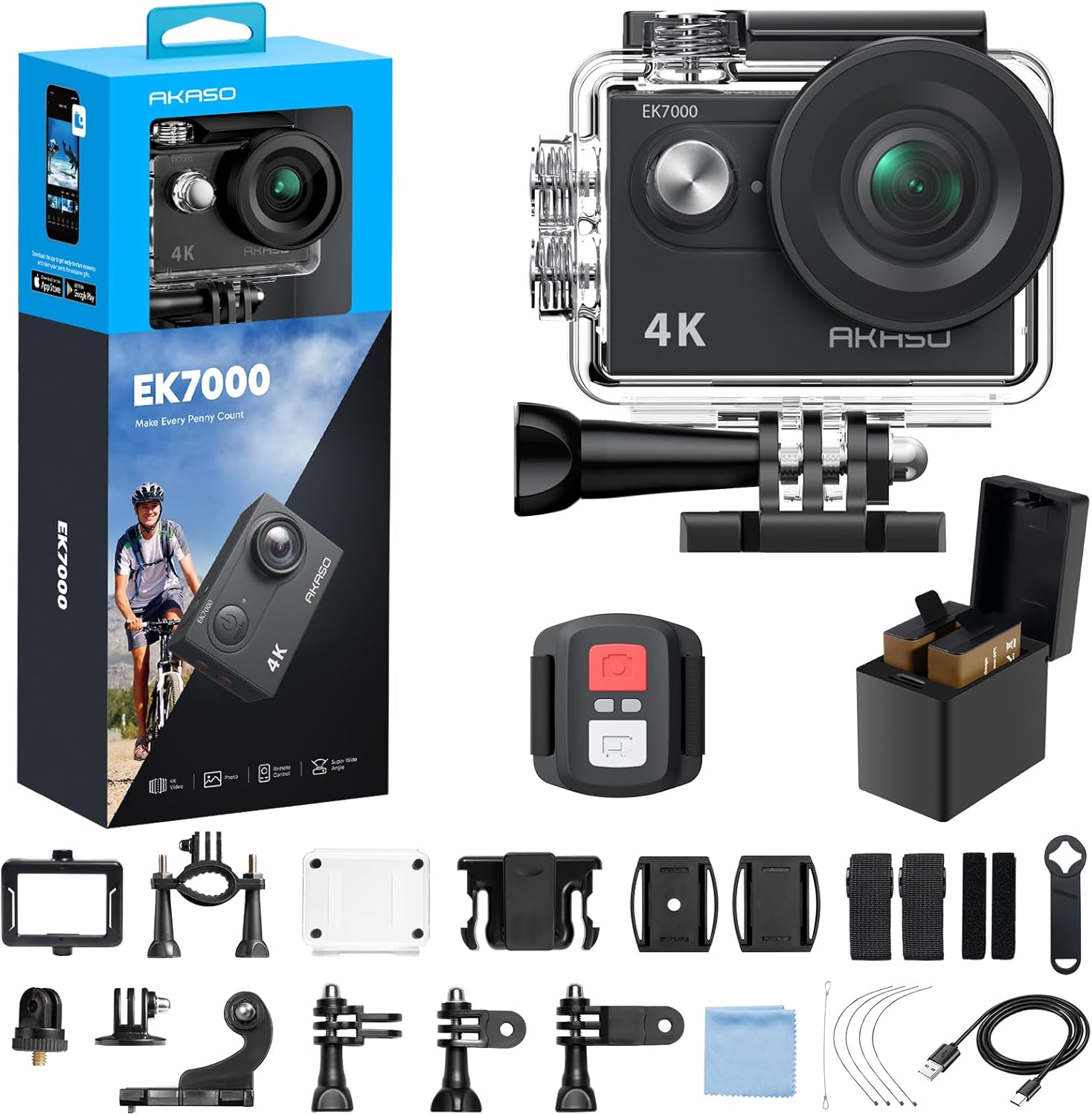 AKASO EK7000 4K30fps Action Camera - 131ft Waterproof Camera with Remote Control 4X Zoom Ultra HD 20MP Underwater Camera with Accessories Kit